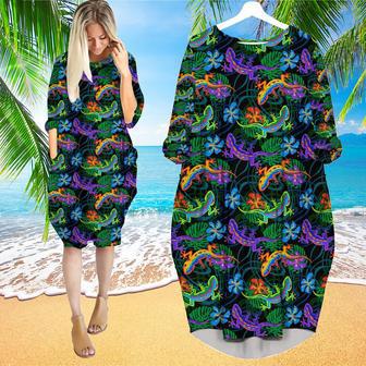 Lizards And Leaves Tropical Pattern Long Sleeve Midi Dress | Newhawaiianshirts DE