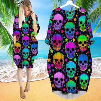 Neon Bright Skulls Pattern Long Sleeve Midi Dress | Newhawaiianshirts