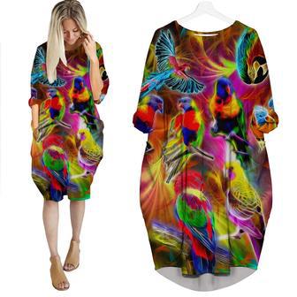 Neon Colorful Parrot Long Sleeve Midi Dress | Newhawaiianshirts CA