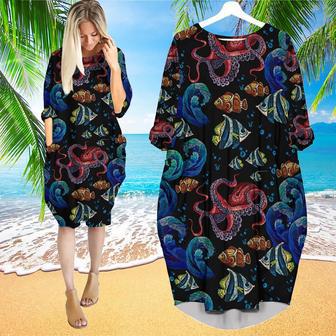 Octopus Sea Wave Tropical Fishes Pattern Long Sleeve Midi Dress | Newhawaiianshirts CA