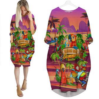 Parrot Drink Cocktail Tiki Party Beach Bar Pink Long Sleeve Midi Dress | Newhawaiianshirts UK