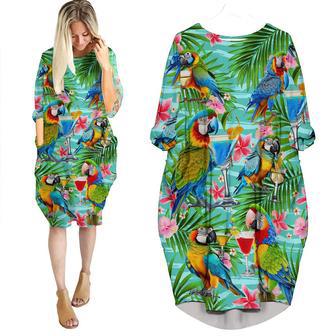 Parrot Drinking Cocktails The Beach Is My Happy Place Tropical Long Sleeve Midi Dress | Newhawaiianshirts AU