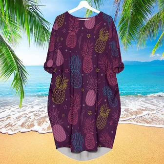 Pineapple Party Purple Summer Tropical Long Sleeve Midi Dress | Newhawaiianshirts CA