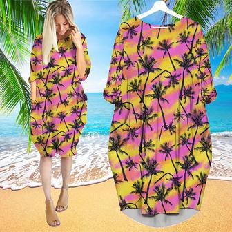 Pink And Yellow Palm Trees Beach Long Sleeve Midi Dress | Newhawaiianshirts UK