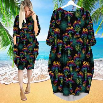 Psychedelic Magic Glowing Mushrooms Long Sleeve Midi Dress | Newhawaiianshirts