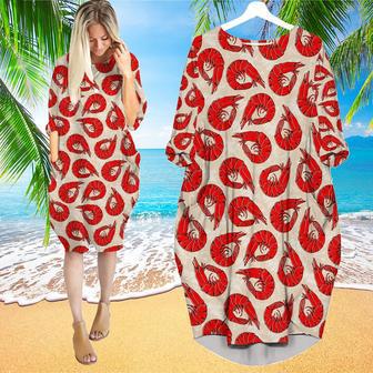 Red Shrimps Pattern Long Sleeve Midi Dress | Newhawaiianshirts DE