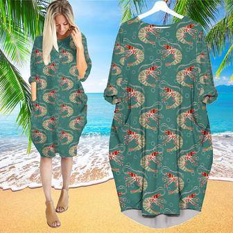 Shrimps In Turquoise Water With Bubbles Pattern Long Sleeve Midi Dress | Newhawaiianshirts UK