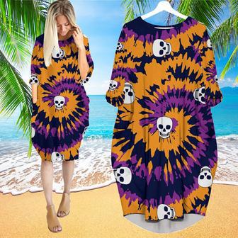 Tie Dye With Skull Pattern Long Sleeve Midi Dress | Newhawaiianshirts