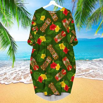 Tiki Mask Hibiscus Flowers Tropical Summer On Paradise Beach Long Sleeve Midi Dress | Newhawaiianshirts