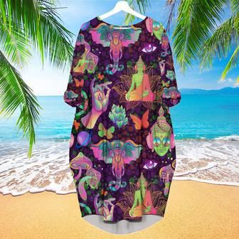 Trippy Mushrooms Peace Sign Acid Buddha And Butterflie Long Sleeve Midi Dress | Newhawaiianshirts CA