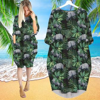 Tropical Rhino Wild Animals Plant Floral Long Sleeve Midi Dress | Newhawaiianshirts UK