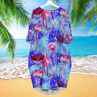 Watercolor Octopus And Jellyfish On Blue Sea Long Sleeve Midi Dress | Newhawaiianshirts AU