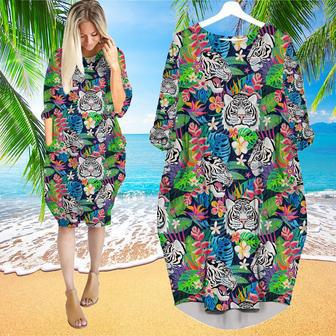 White Tiger Tropical Long Sleeve Midi Dress | Newhawaiianshirts UK