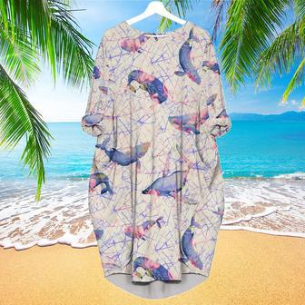 Wildlife Whales In Cherry Bloom Long Sleeve Midi Dress | Newhawaiianshirts UK