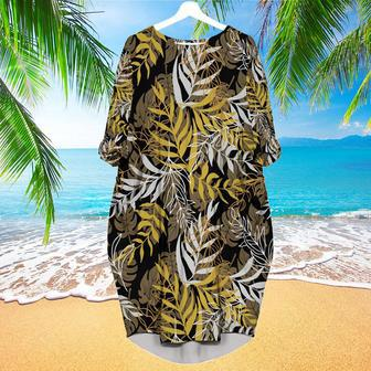 Yellow And Brown Palm Leaves Pattern Long Sleeve Midi Dress | Newhawaiianshirts AU