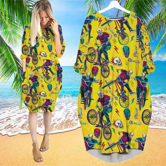 Yellow Skull Riding Bike Long Sleeve Midi Dress | Newhawaiianshirts CA