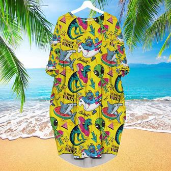 Yellow T-rex With Alien Summer Vibes Long Sleeve Midi Dress | Newhawaiianshirts