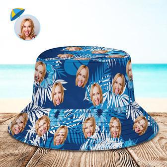 Custom Bucket Hat Personalized Face All Over Print Tropical Flower Print Hawaiian Fisherman Hat - Blue Leaves | Newhawaiianshirts