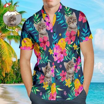 Custom Cat Face Men's Hawaiian Shirts Dark Blue Hawaiian Shirt For Pet Lover | Newhawaiianshirts UK