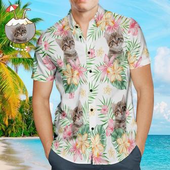 Custom Cat Face Men's Hawaiian Shirts With Pink Flower For Pet Lover | Newhawaiianshirts DE