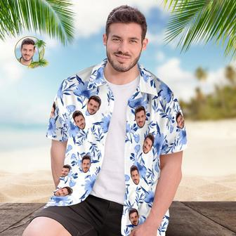 Custom Face All Over Print Men's Hawaiian Shirt Blue Leaves Gift For Him | Newhawaiianshirts UK