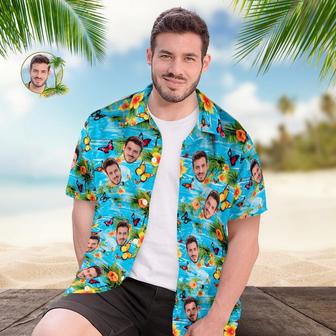 Custom Face All Over Print Men's Hawaiian Shirt Butterflies Yellow Flowers And Leaves | Newhawaiianshirts UK