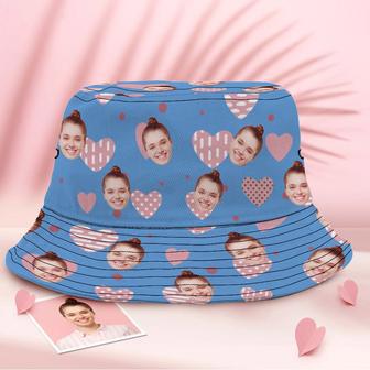 Custom Face Blue Bucket Hat Unisex Personalised Photo Pink Heart Summer Cap Hiking Beach Hats | Newhawaiianshirts UK