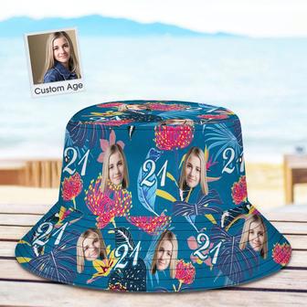 Custom Face Bucket Hat Number And Face Hat Dark Blue Sleeves And Pink Flowers | Newhawaiianshirts UK