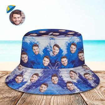 Custom Face Bucket Hat Unisex Personalized Photo Wide Brim Outdoor Summer Hats Blue And White Oil Painting Style | Newhawaiianshirts DE