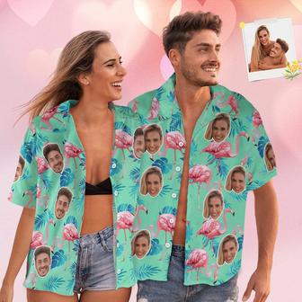 Custom Face Hawaiian Shirt Flamingo Tropical Shirt Couple Outfit All Over Printed Green And Palm Leaves | Newhawaiianshirts AU