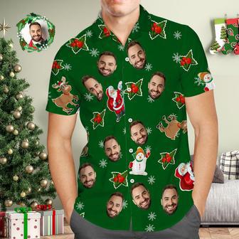 Custom Face Hawaiian Shirt Green Photo Hawaiian Shirts Santa Claus And Snowman Christmas Gift For Him | Newhawaiianshirts CA