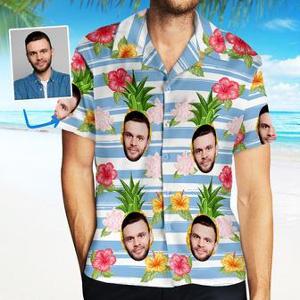 Custom Face Hawaiian Shirt Men's All Over Print Hawaiian Shirt Tropical Style Blue Stripes | Newhawaiianshirts