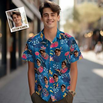 Custom Face Hawaiian Shirt Number And Face Hawaiian Shirt Dark Blue Sleeves And Pink Flowers | Newhawaiianshirts CA