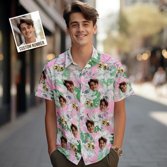 Custom Face Hawaiian Shirt Number In Wine Glass Pink And Green Sleeves Face Hawaiian Shirt Gift For Him | Newhawaiianshirts AU