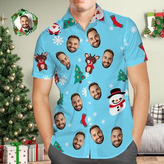 Custom Face Hawaiian Shirt Personalized Photo Blue Hawaiian Shirts Snowman And Elk Christmas Gift For Him | Newhawaiianshirts