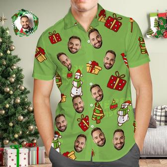 Custom Face Hawaiian Shirt Personalized Photo Green Hawaiian Shirts Snowman And Christmas Gift For Him | Newhawaiianshirts UK