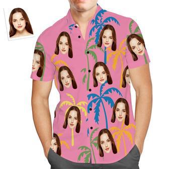 Custom Face Hawaiian Shirt Pink Palm Tree Shirts Tropical Beach Shirts For Men | Newhawaiianshirts