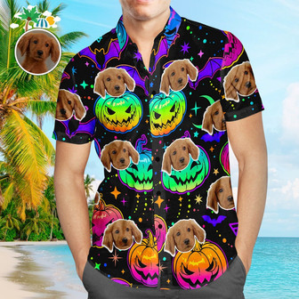 Custom Face Hawaiian Shirt Vintage Halloween Pumpkins Men's Popular All Over Print Bright Multicolored Pumpkins And Bats Hawaiian Beach Shirt Holiday Gift | Newhawaiianshirts