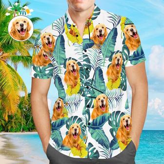 Custom Face Men Hawaiian Shirts Personalized Cute Dog Face For Pet Lover - Green Leaves | Newhawaiianshirts DE