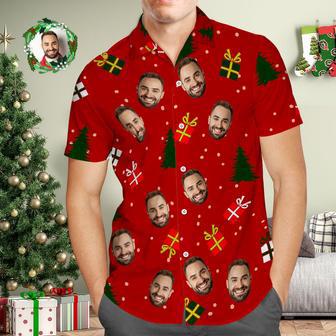 Custom Face Men's Hawaiian Shirt Personalized Photo Red Hawaiian Shirts Christmas Tree And Gifts Merry Christmas | Newhawaiianshirts AU