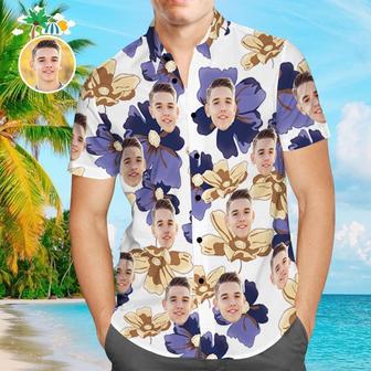 Custom Face Shirt Personalized Photo Men's Hawaiian Shirt Purple Flowers Design Aloha Beach Shirt | Newhawaiianshirts CA