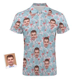 Custom Flamingo Blue Floral Men's Polo Shirt Personalized Face Funny Polo Shirt With Zipper | Newhawaiianshirts AU