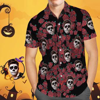 Custom Funny Face Hawaiian Shirt Halloween Photo Shirt Black Rose Halloween Drama Gift | Newhawaiianshirts AU