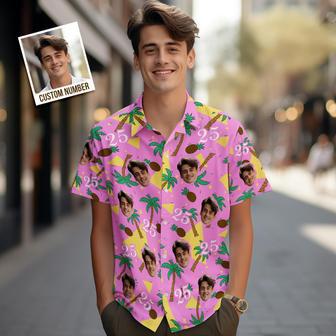 Custom Multi-Color Face And Numbers Hawaiian Shirt Coconut Tree And Pineapple Gift For Men | Newhawaiianshirts