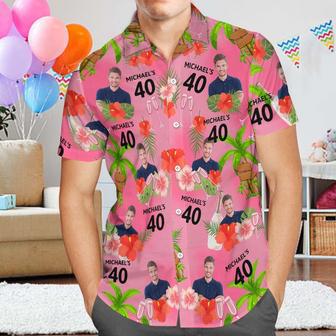 Custom Pink Date And Name Birthday Face Hawaiian Shirt Red Flower And Coconut Tree Hawaiian Shirt | Newhawaiianshirts CA