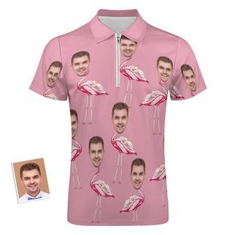 Custom Pink Flamingo Men's Polo Shirt Personalized Face Funny Polo Shirt With Zipper | Newhawaiianshirts