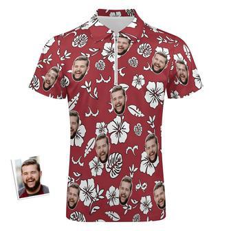 Custom Red Flowers Men's Polo Shirt Personalized Face Funny Polo Shirt With Zipper | Newhawaiianshirts DE