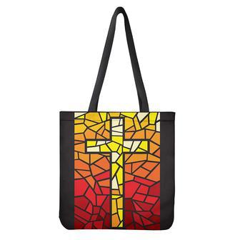 Orange And Red Stained Glass Cross Print Tote Bag | Newhawaiianshirts CA