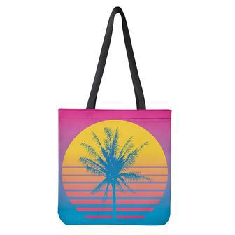 Retrowave Sunset Palm Tree Print Tote Bag | Newhawaiianshirts CA