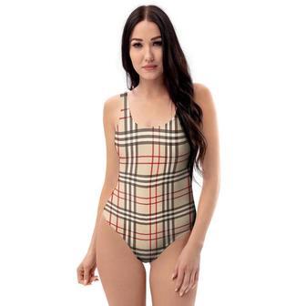 Beige Plaid Tartan One Piece Swimsuite | Newhawaiianshirts AU